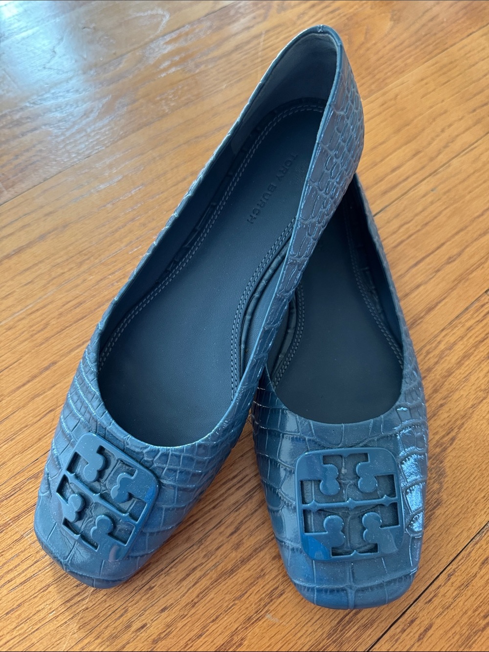 Tory Burch Teal Croc-Embossed Logo Square-Toe Ballet Flats